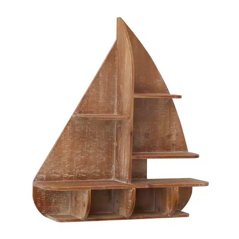 24"x21" Wood Sail Boat 8 Cubbies Wall Shelf Brown - Olivia & May: Nautical Storage, No Hooks