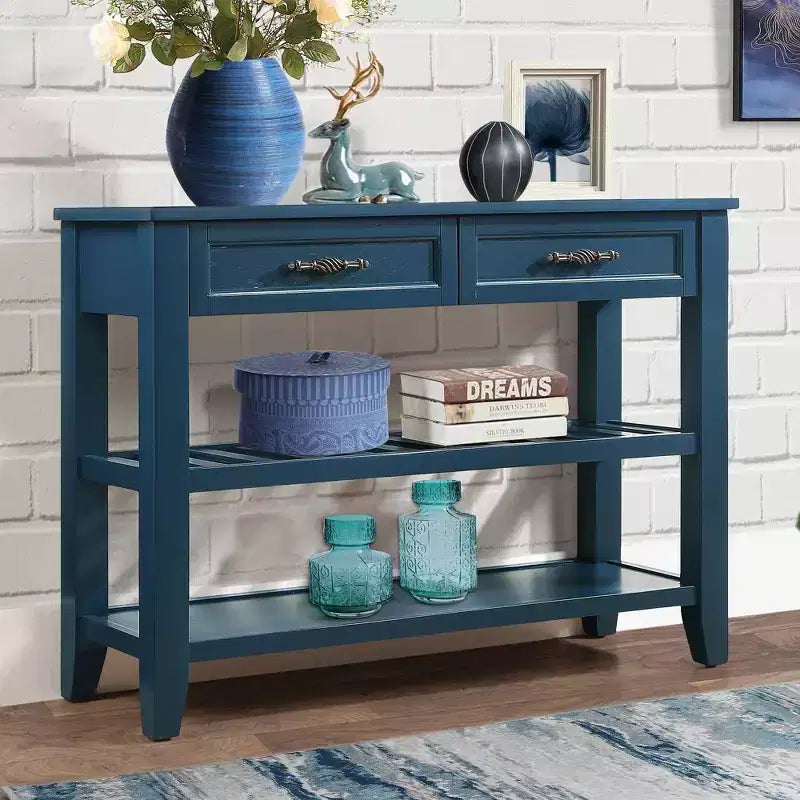 Whisen Mid-Century Style Console Table with Two Storage Drawers and Two Tiers Shelves