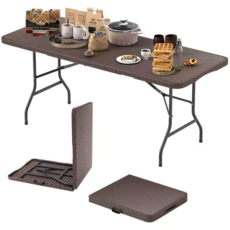 Costway 350 LBS Fold-in-Half Table with Rattan-Like HDPE Tabletop Safe Lock Mechanism