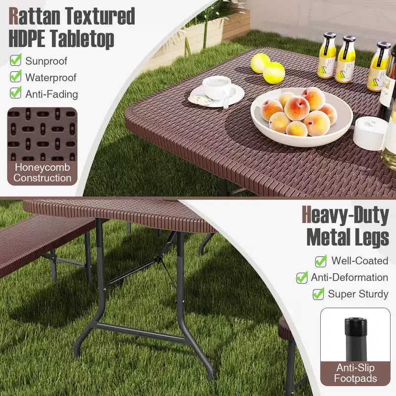 Costway 350 LBS Fold-in-Half Table with Rattan-Like HDPE Tabletop Safe Lock Mechanism