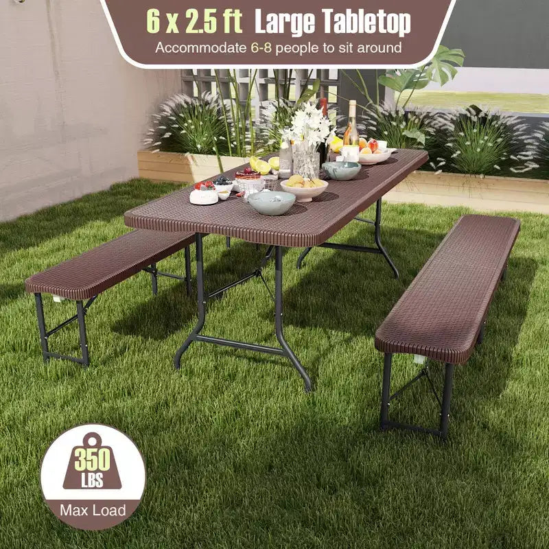 Costway 350 LBS Fold-in-Half Table with Rattan-Like HDPE Tabletop Safe Lock Mechanism