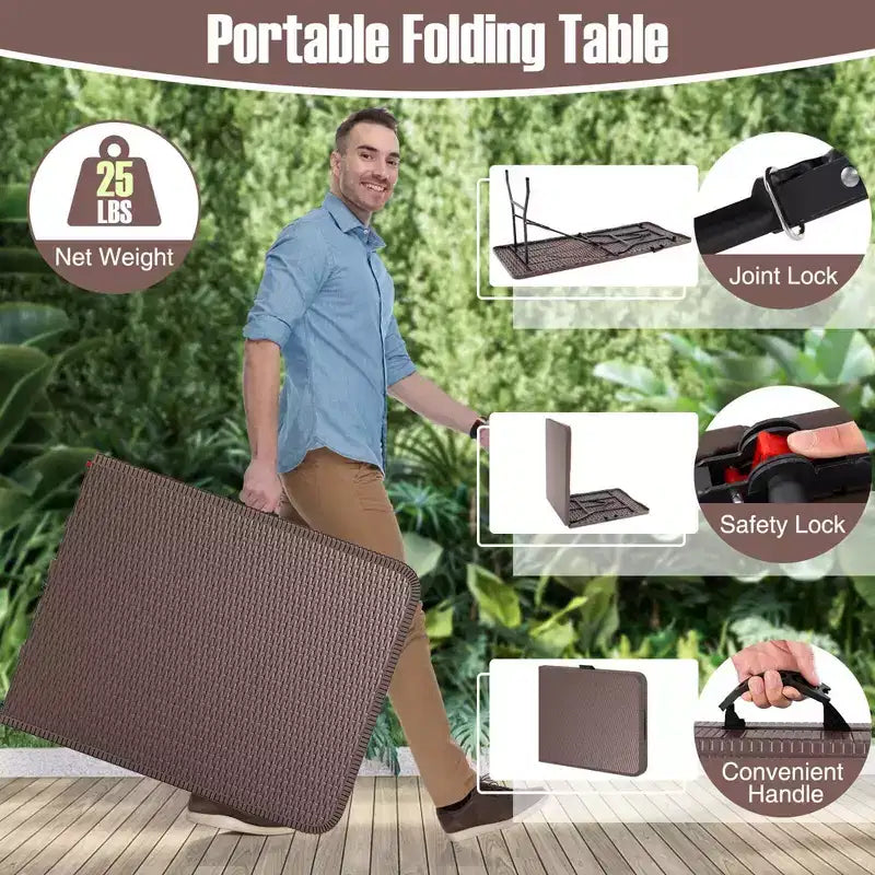 Costway 350 LBS Fold-in-Half Table with Rattan-Like HDPE Tabletop Safe Lock Mechanism