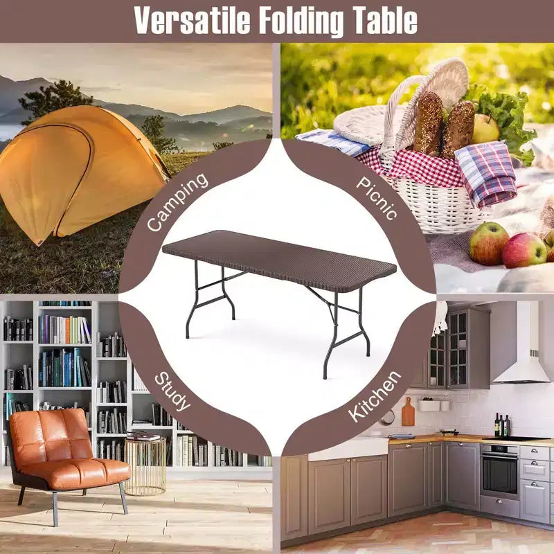Costway 350 LBS Fold-in-Half Table with Rattan-Like HDPE Tabletop Safe Lock Mechanism