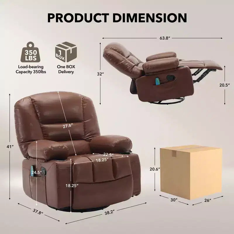 Massage Recliner Chair for Adults, 360 Swivel Rocking Chair with Massage& Heating, Glider Recliner Chairs with Storage and Cup Holder