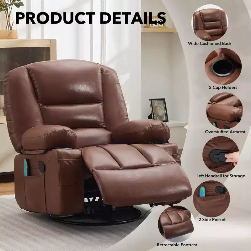 Massage Recliner Chair for Adults, 360 Swivel Rocking Chair with Massage& Heating, Glider Recliner Chairs with Storage and Cup Holder