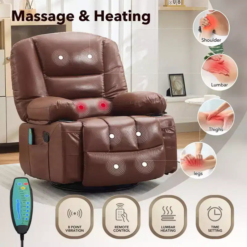 Massage Recliner Chair for Adults, 360 Swivel Rocking Chair with Massage& Heating, Glider Recliner Chairs with Storage and Cup Holder