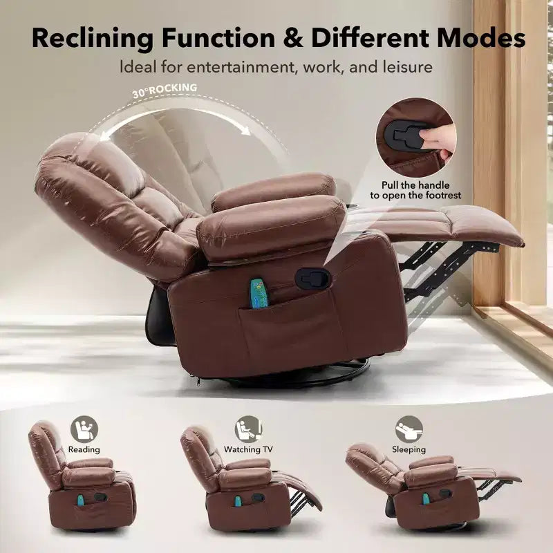 Massage Recliner Chair for Adults, 360 Swivel Rocking Chair with Massage& Heating, Glider Recliner Chairs with Storage and Cup Holder