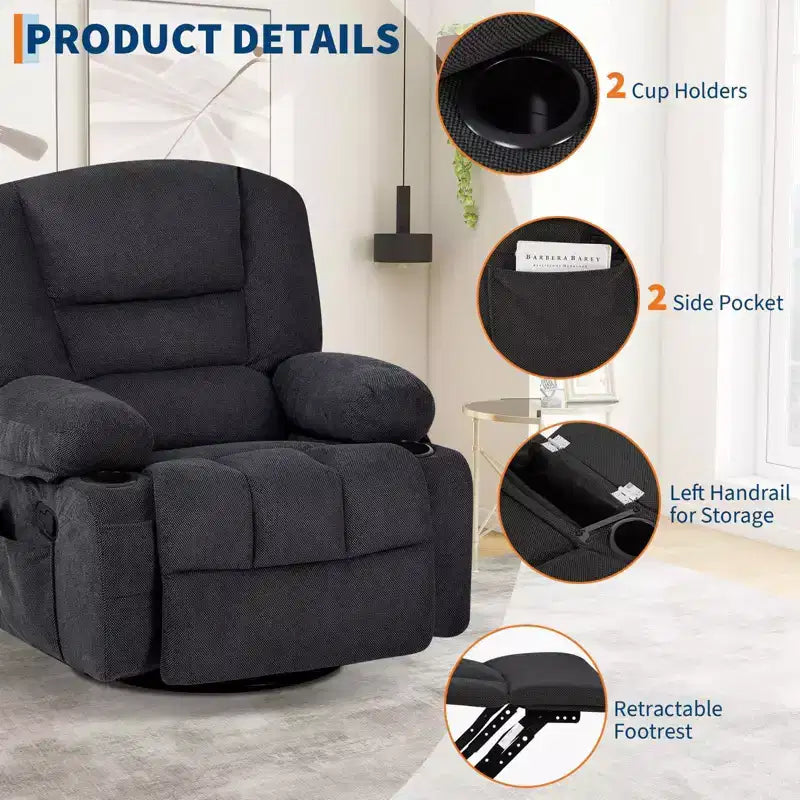 Massage Recliner Chair for Adults, 360 Swivel Rocking Chair with Massage& Heating, Glider Recliner Chairs with Storage and Cup Holder