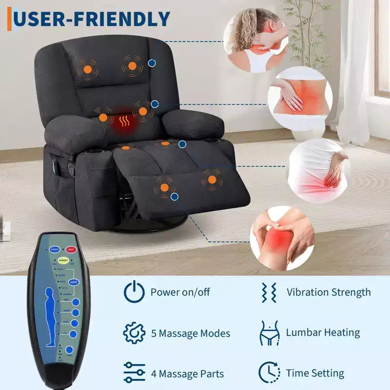 Massage Recliner Chair for Adults, 360 Swivel Rocking Chair with Massage& Heating, Glider Recliner Chairs with Storage and Cup Holder