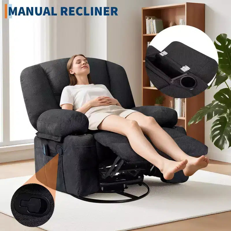 Massage Recliner Chair for Adults, 360 Swivel Rocking Chair with Massage& Heating, Glider Recliner Chairs with Storage and Cup Holder