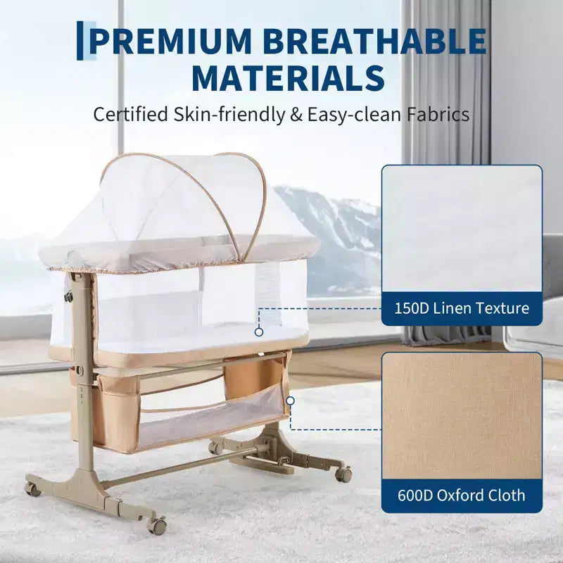 3-in-1 Adjustable Bedside Bassinet,Portable Baby Co-Sleeper with Mosquito Net & Storage Basket | Convertible Travel Crib with Wheels