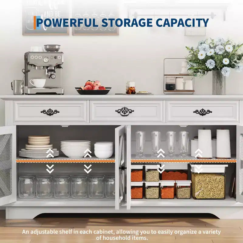 63 Kitchen Buffet Sideboard with Charging Station & Glass Display, Wood Storage Cabinet with 3 Drawers for Dining Room Living Room