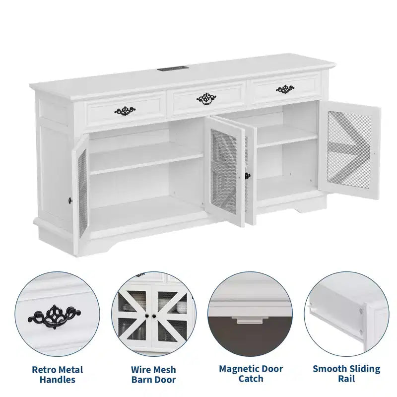 63 Kitchen Buffet Sideboard with Charging Station & Glass Display, Wood Storage Cabinet with 3 Drawers for Dining Room Living Room