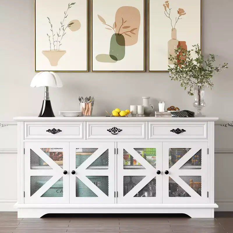 63 Kitchen Buffet Sideboard with Charging Station & Glass Display, Wood Storage Cabinet with 3 Drawers for Dining Room Living Room