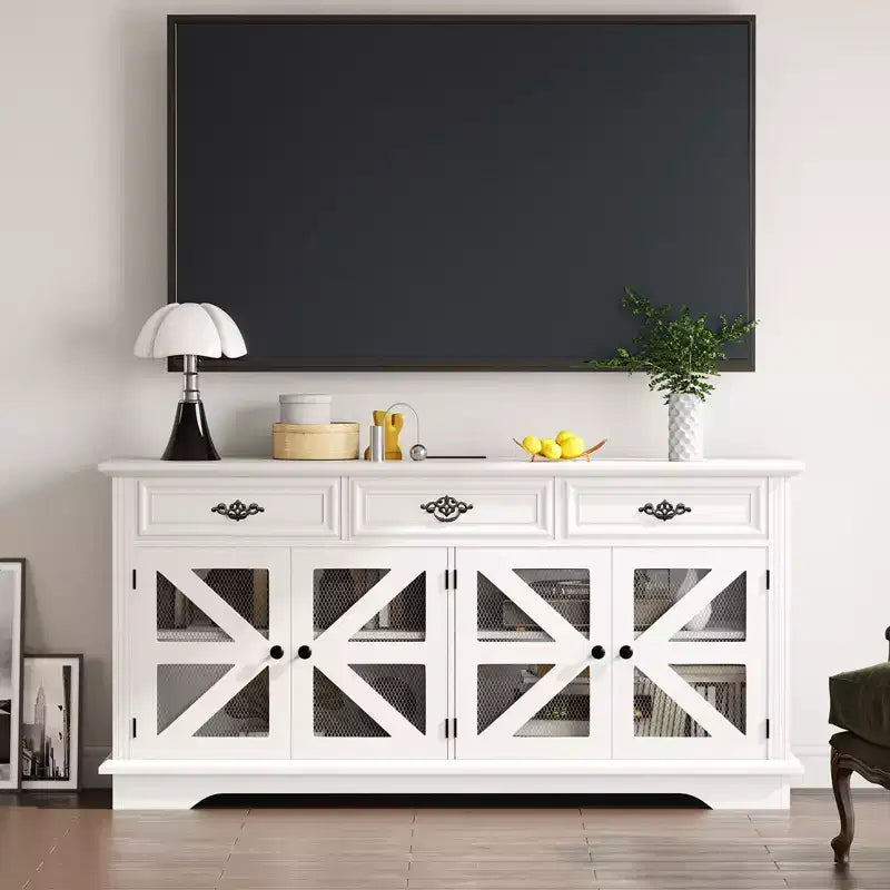 63 Kitchen Buffet Sideboard with Charging Station & Glass Display, Wood Storage Cabinet with 3 Drawers for Dining Room Living Room