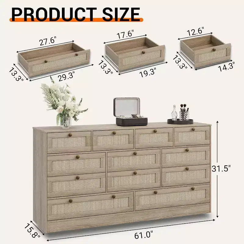 Wood Dressers for Bedroom with 12 Rattan Drawers, 61 Wide Chest of Drawers for Living Room, Wooden Closet Dressers, Modern TV Stand Dresser