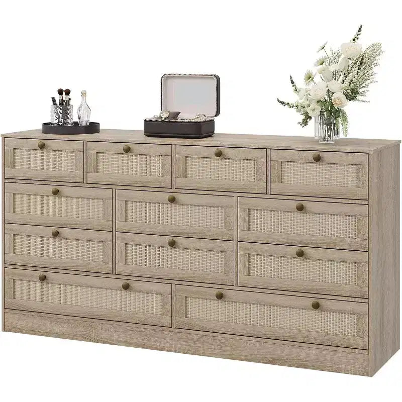Wood Dressers for Bedroom with 12 Rattan Drawers, 61 Wide Chest of Drawers for Living Room, Wooden Closet Dressers, Modern TV Stand Dresser