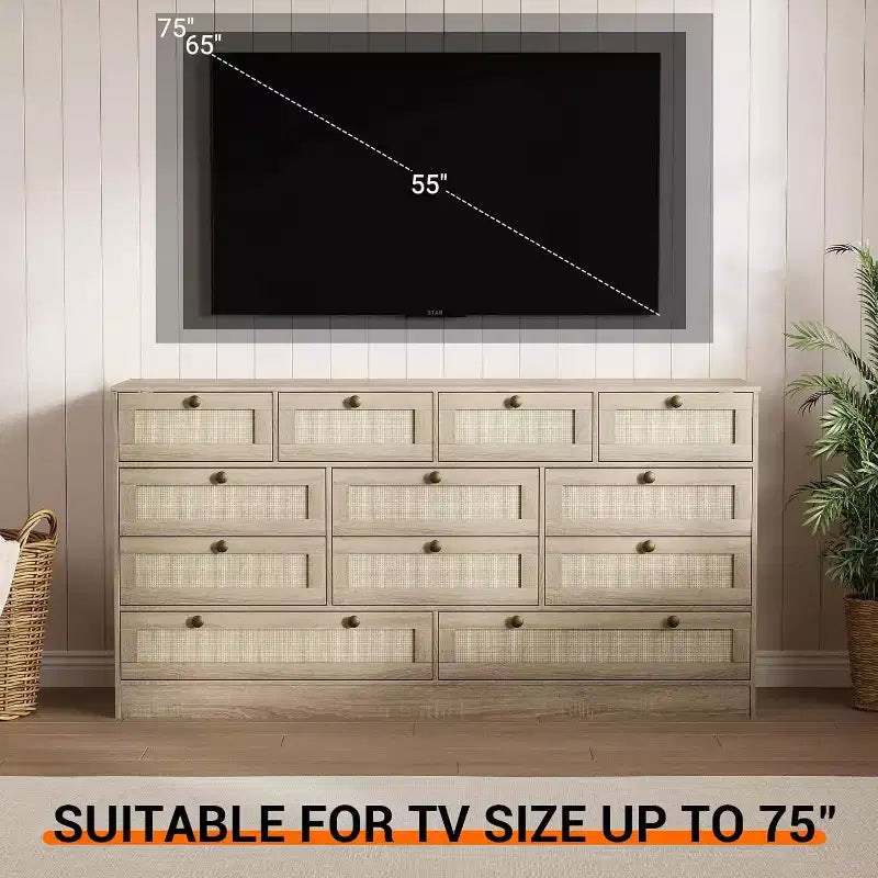 Wood Dressers for Bedroom with 12 Rattan Drawers, 61 Wide Chest of Drawers for Living Room, Wooden Closet Dressers, Modern TV Stand Dresser