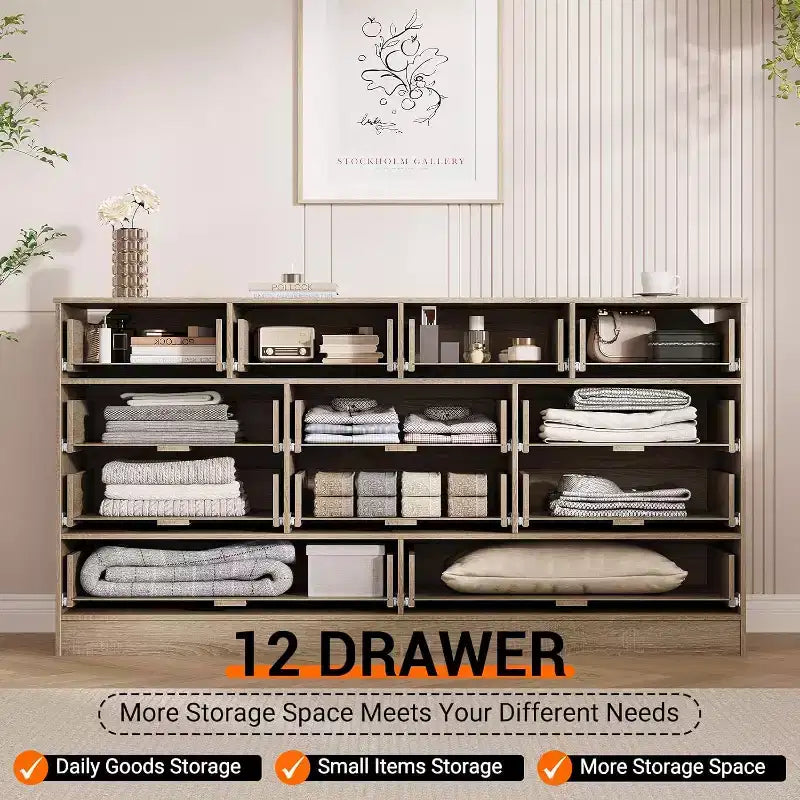 Wood Dressers for Bedroom with 12 Rattan Drawers, 61 Wide Chest of Drawers for Living Room, Wooden Closet Dressers, Modern TV Stand Dresser
