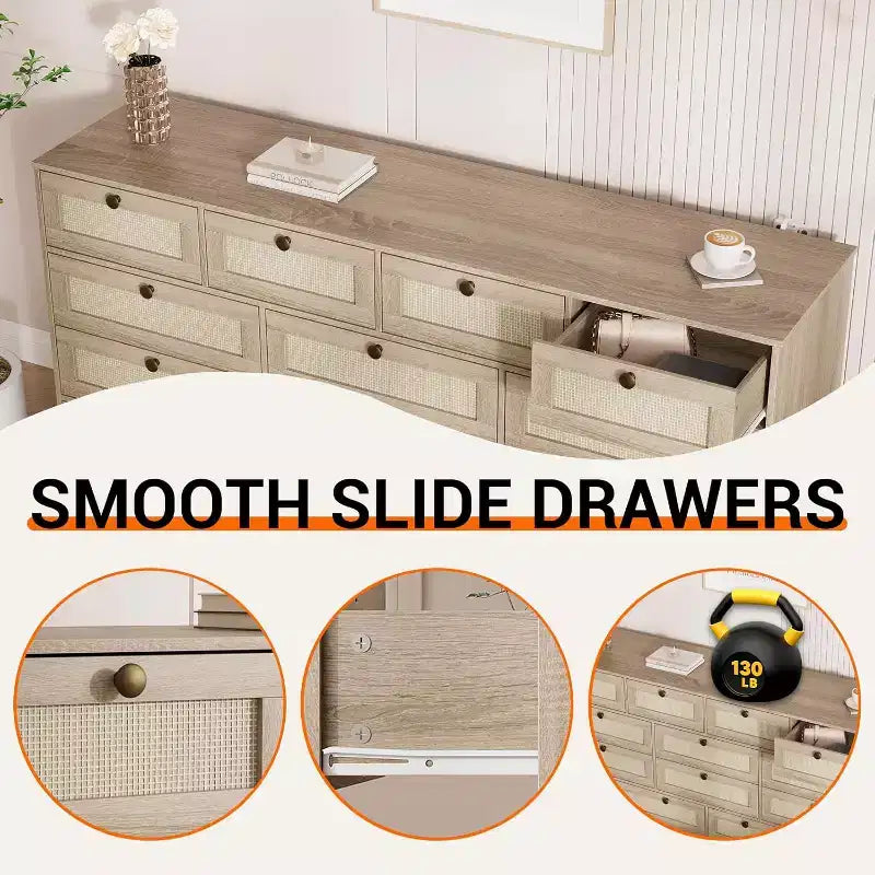 Wood Dressers for Bedroom with 12 Rattan Drawers, 61 Wide Chest of Drawers for Living Room, Wooden Closet Dressers, Modern TV Stand Dresser