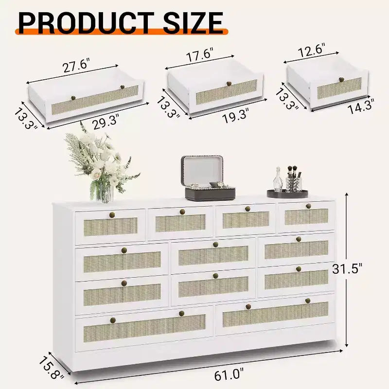 Wood Dressers for Bedroom with 12 Rattan Drawers, 61 Wide Chest of Drawers for Living Room, Wooden Closet Dressers, Modern TV Stand Dresser