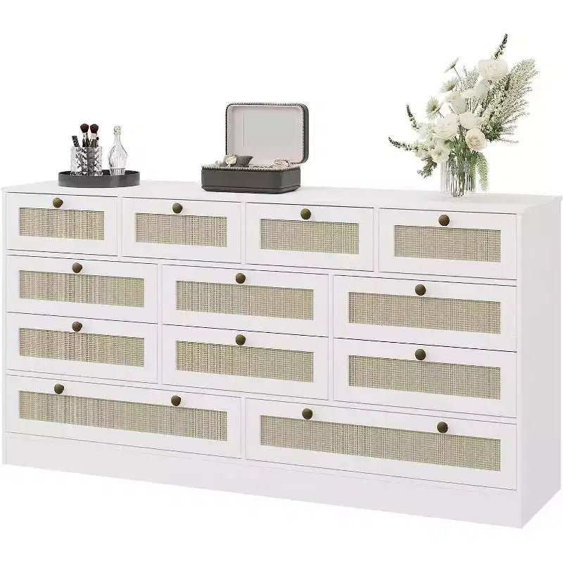 Wood Dressers for Bedroom with 12 Rattan Drawers, 61 Wide Chest of Drawers for Living Room, Wooden Closet Dressers, Modern TV Stand Dresser
