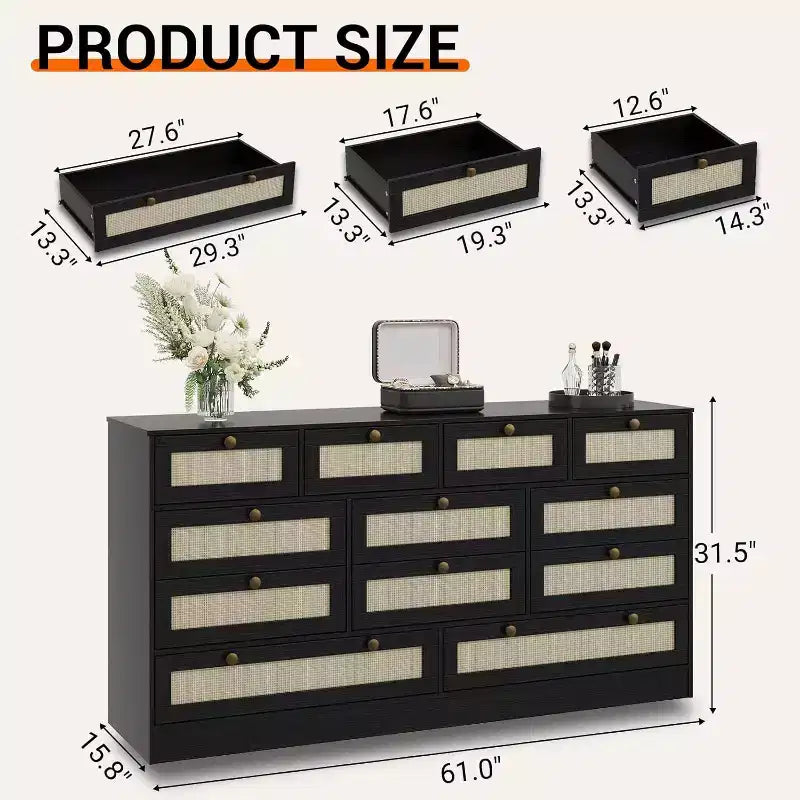 Wood Dressers for Bedroom with 12 Rattan Drawers, 61 Wide Chest of Drawers for Living Room, Wooden Closet Dressers, Modern TV Stand Dresser