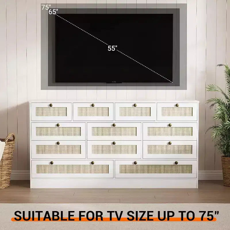 Wood Dressers for Bedroom with 12 Rattan Drawers, 61 Wide Chest of Drawers for Living Room, Wooden Closet Dressers, Modern TV Stand Dresser