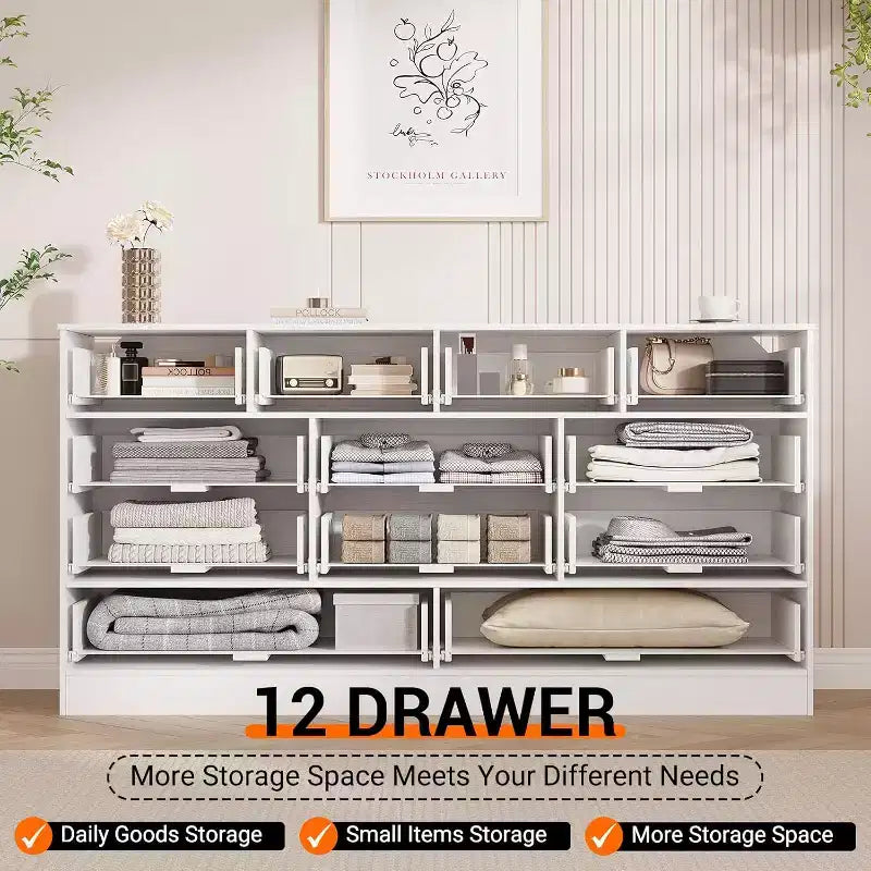 Wood Dressers for Bedroom with 12 Rattan Drawers, 61 Wide Chest of Drawers for Living Room, Wooden Closet Dressers, Modern TV Stand Dresser