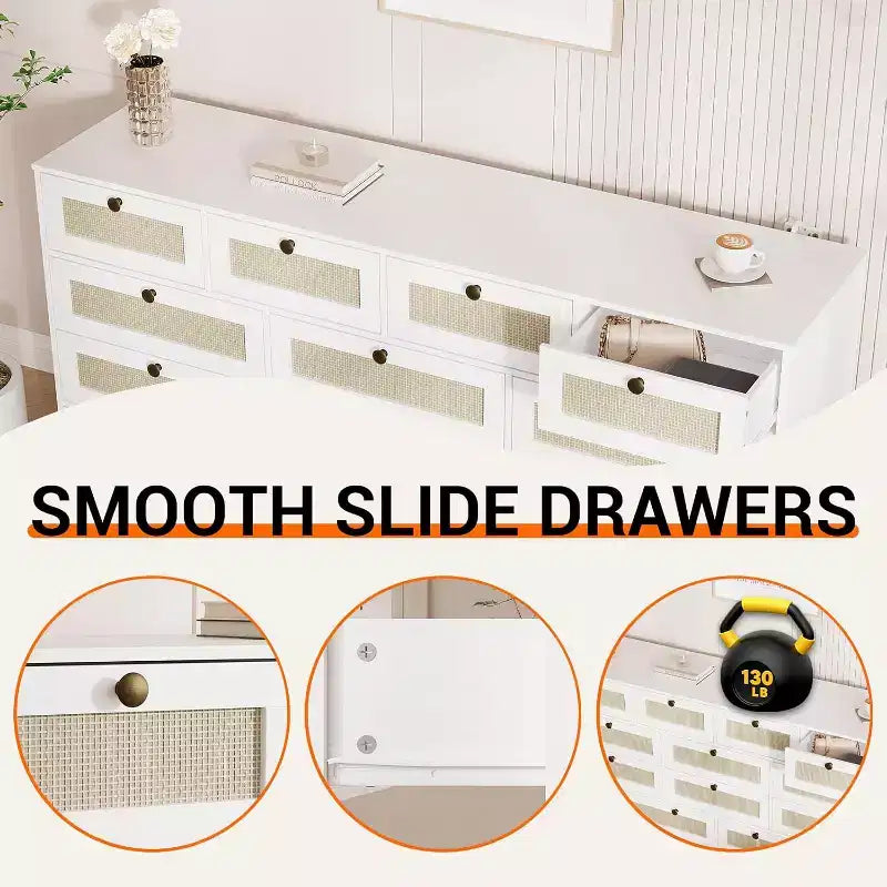 Wood Dressers for Bedroom with 12 Rattan Drawers, 61 Wide Chest of Drawers for Living Room, Wooden Closet Dressers, Modern TV Stand Dresser