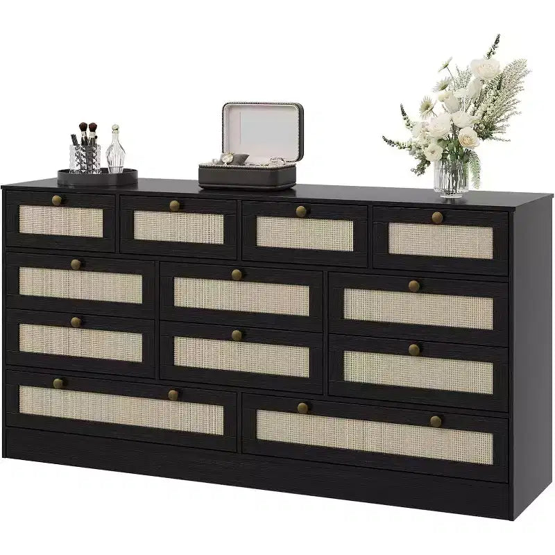 Wood Dressers for Bedroom with 12 Rattan Drawers, 61 Wide Chest of Drawers for Living Room, Wooden Closet Dressers, Modern TV Stand Dresser