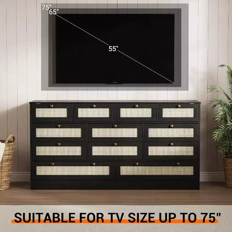 Wood Dressers for Bedroom with 12 Rattan Drawers, 61 Wide Chest of Drawers for Living Room, Wooden Closet Dressers, Modern TV Stand Dresser