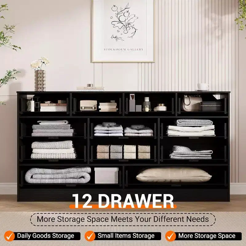 Wood Dressers for Bedroom with 12 Rattan Drawers, 61 Wide Chest of Drawers for Living Room, Wooden Closet Dressers, Modern TV Stand Dresser
