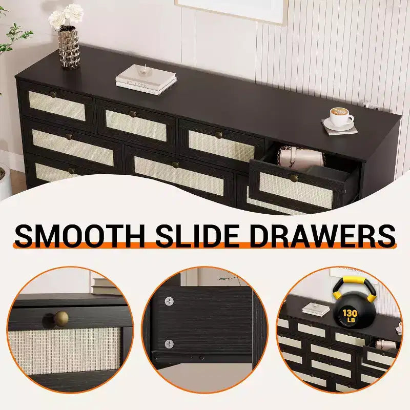 Wood Dressers for Bedroom with 12 Rattan Drawers, 61 Wide Chest of Drawers for Living Room, Wooden Closet Dressers, Modern TV Stand Dresser