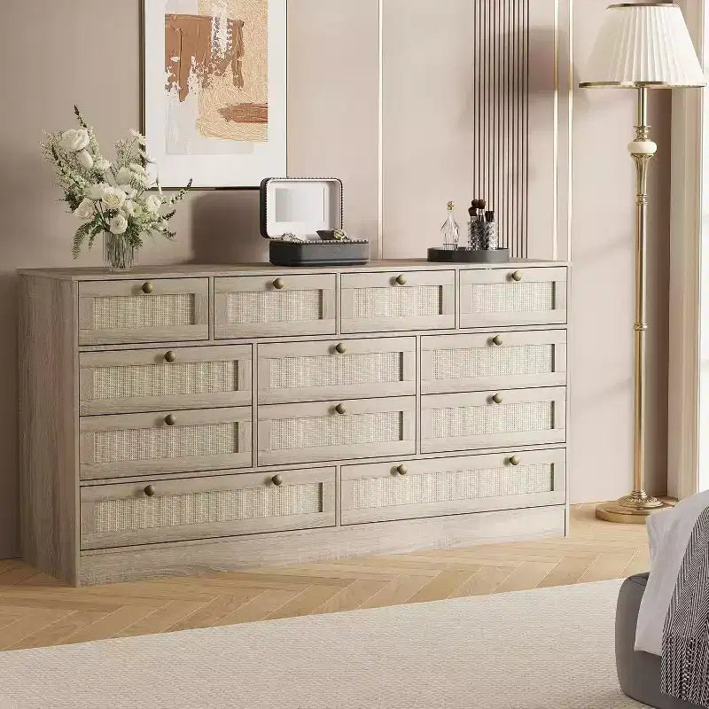 Wood Dressers for Bedroom with 12 Rattan Drawers, 61 Wide Chest of Drawers for Living Room, Wooden Closet Dressers, Modern TV Stand Dresser