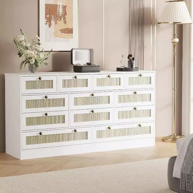 Wood Dressers for Bedroom with 12 Rattan Drawers, 61 Wide Chest of Drawers for Living Room, Wooden Closet Dressers, Modern TV Stand Dresser