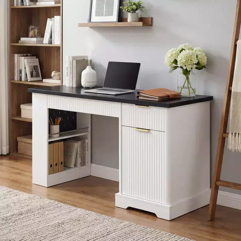55 Executive Desk with 2 Drawers, Home Office Desk with Power Outlet & Pegboard, Wooden Computer Writing Desk for Living Room, Bedroom