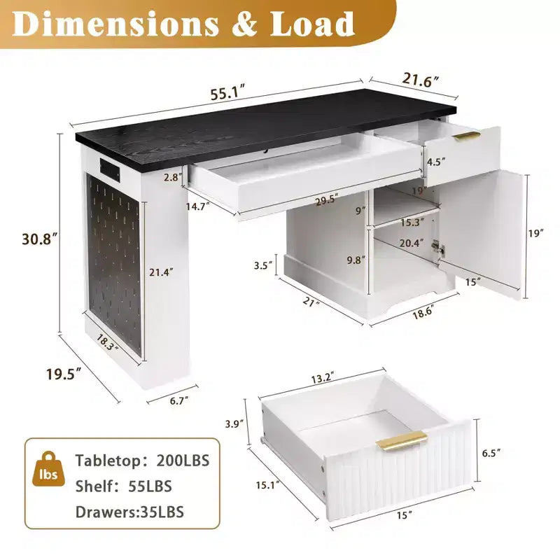 55 Executive Desk with 2 Drawers, Home Office Desk with Power Outlet & Pegboard, Wooden Computer Writing Desk for Living Room, Bedroom