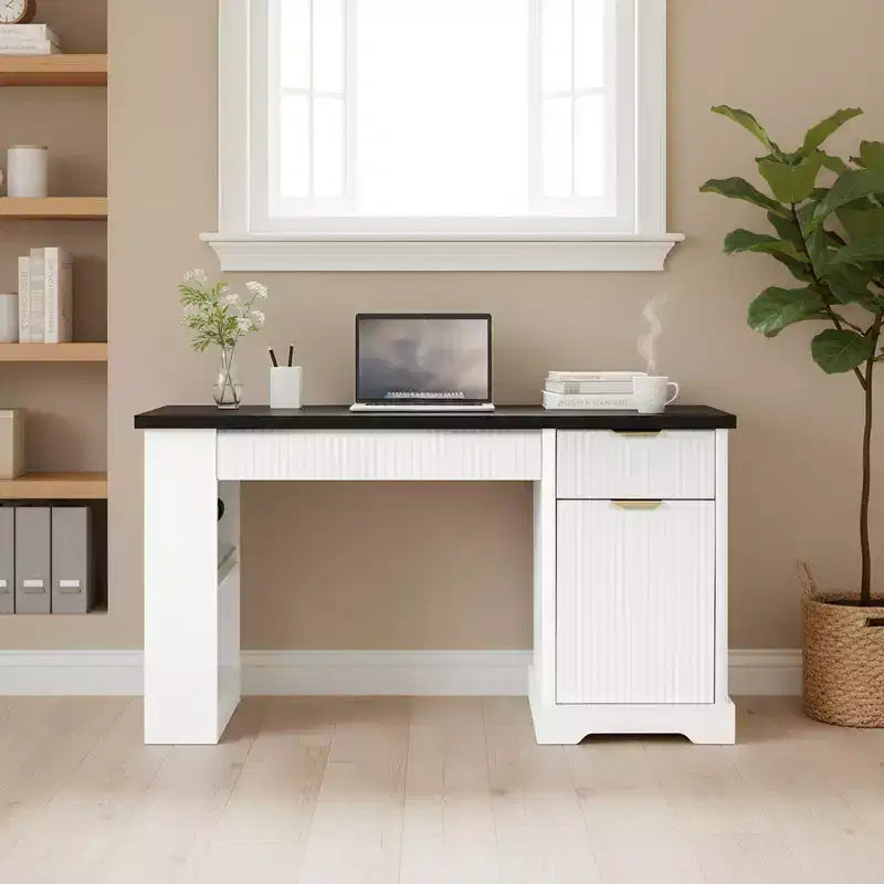 55 Executive Desk with 2 Drawers, Home Office Desk with Power Outlet & Pegboard, Wooden Computer Writing Desk for Living Room, Bedroom