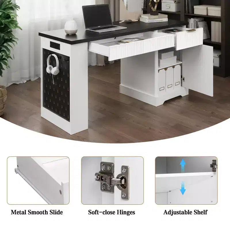 55 Executive Desk with 2 Drawers, Home Office Desk with Power Outlet & Pegboard, Wooden Computer Writing Desk for Living Room, Bedroom