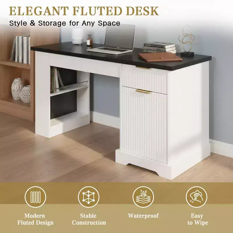 55 Executive Desk with 2 Drawers, Home Office Desk with Power Outlet & Pegboard, Wooden Computer Writing Desk for Living Room, Bedroom