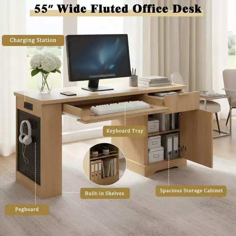 55 Executive Desk with 2 Drawers, Home Office Desk with Power Outlet & Pegboard, Wooden Computer Writing Desk for Living Room, Bedroom