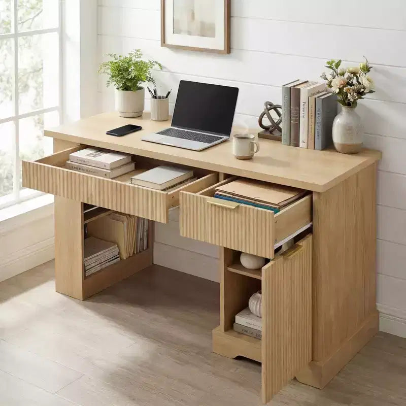 55 Executive Desk with 2 Drawers, Home Office Desk with Power Outlet & Pegboard, Wooden Computer Writing Desk for Living Room, Bedroom