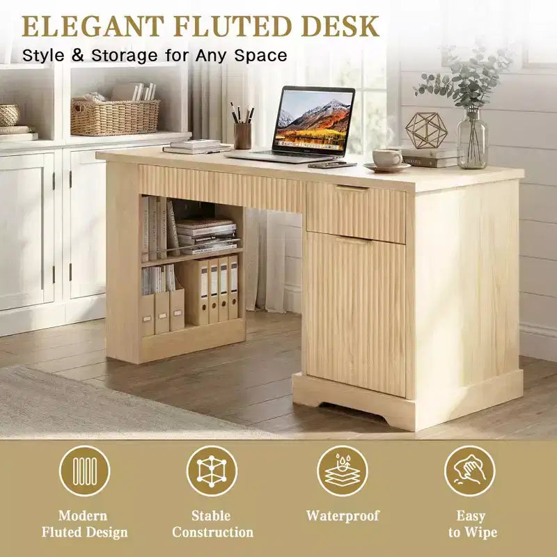 55 Executive Desk with 2 Drawers, Home Office Desk with Power Outlet & Pegboard, Wooden Computer Writing Desk for Living Room, Bedroom