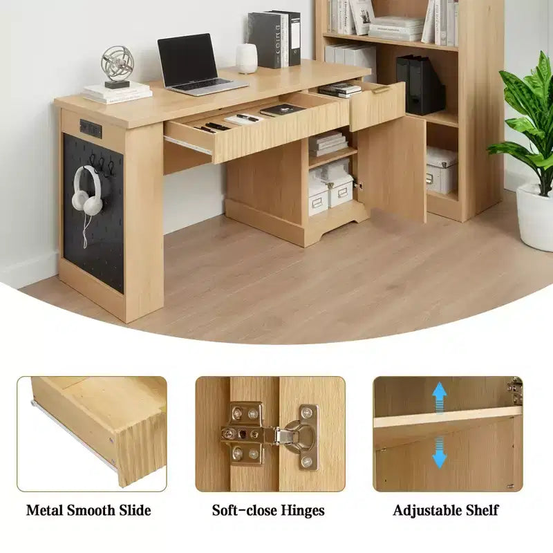 55 Executive Desk with 2 Drawers, Home Office Desk with Power Outlet & Pegboard, Wooden Computer Writing Desk for Living Room, Bedroom
