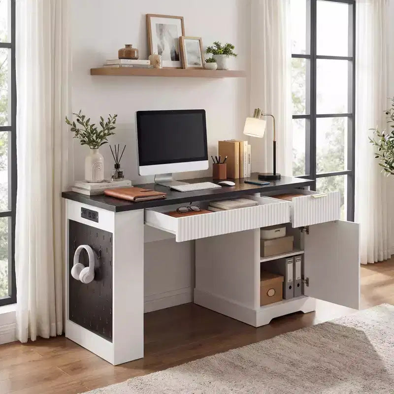 55 Executive Desk with 2 Drawers, Home Office Desk with Power Outlet & Pegboard, Wooden Computer Writing Desk for Living Room, Bedroom