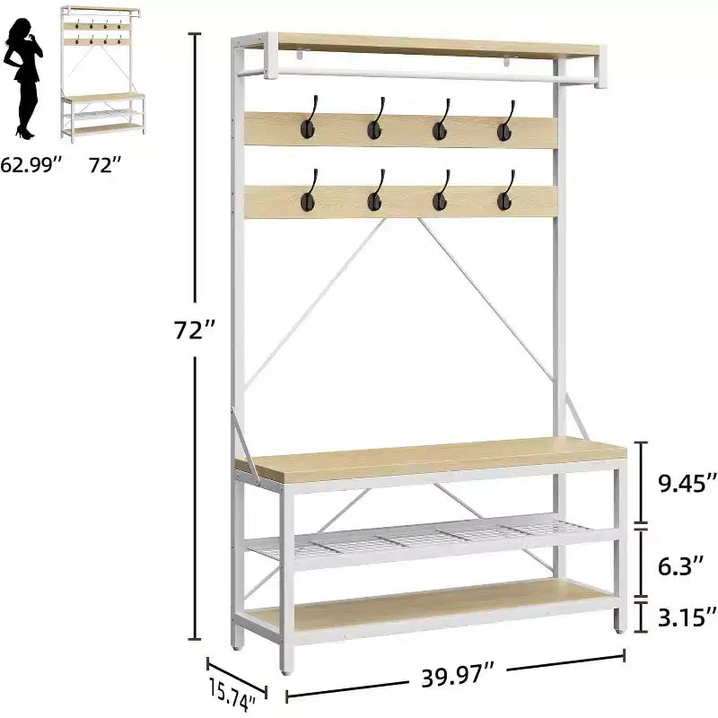 72 Coat Rack Shoe Bench, Industrial Hall Tree Storage Bench for Entryway, Wood Look Accent Large Shoe Rack with Storage Shelf Hanging Bar and 8 Hooks