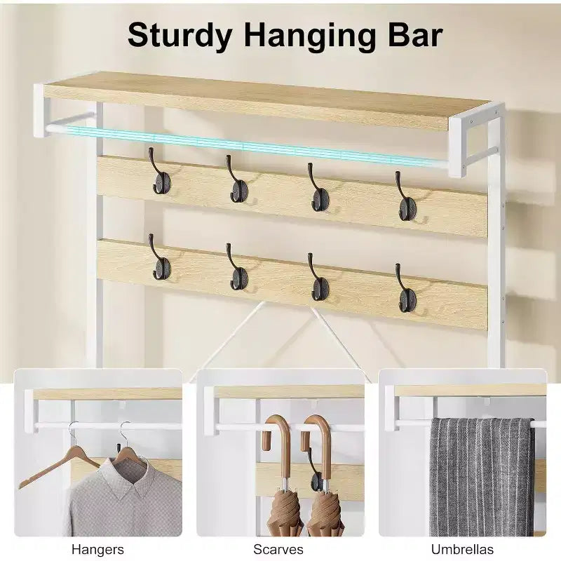 72 Coat Rack Shoe Bench, Industrial Hall Tree Storage Bench for Entryway, Wood Look Accent Large Shoe Rack with Storage Shelf Hanging Bar and 8 Hooks