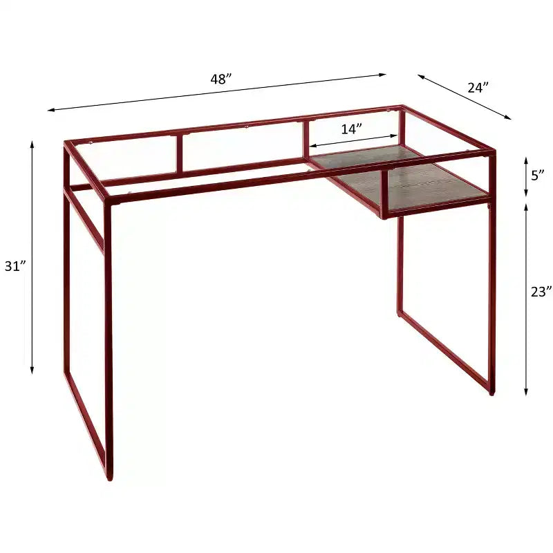 TUYOHW Writing Desk,Study Desks with Storage Shelf,Clear Glass Top,Metal Frame,Sled Base,Modern Rectangular Desk for Home Office,Study,Bedroom