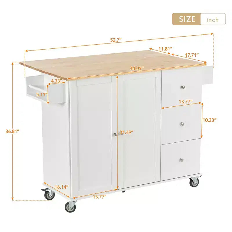 sumyeg Rolling Kitchen Island with Solid Wood Top, Drop Leaf Bar, Locking Wheels, Storage Cabinet, Spice Rack, Towel Rack and Drawer, 52.7inch